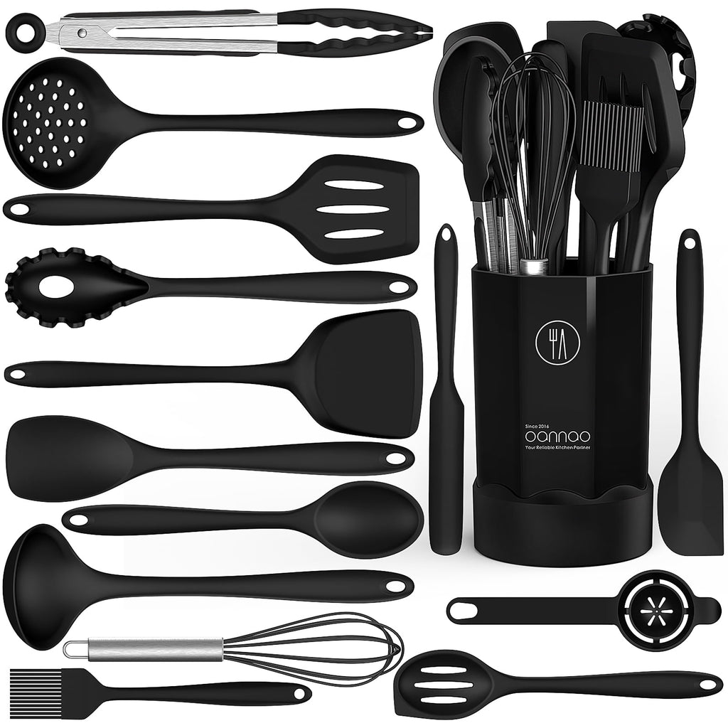 Black Silicone Cooking Utensils Set - 446°F Heat Resistant Kitchen Utensils,Turner Tongs,Spatula,Spoon,Brush,Whisk,Ki...