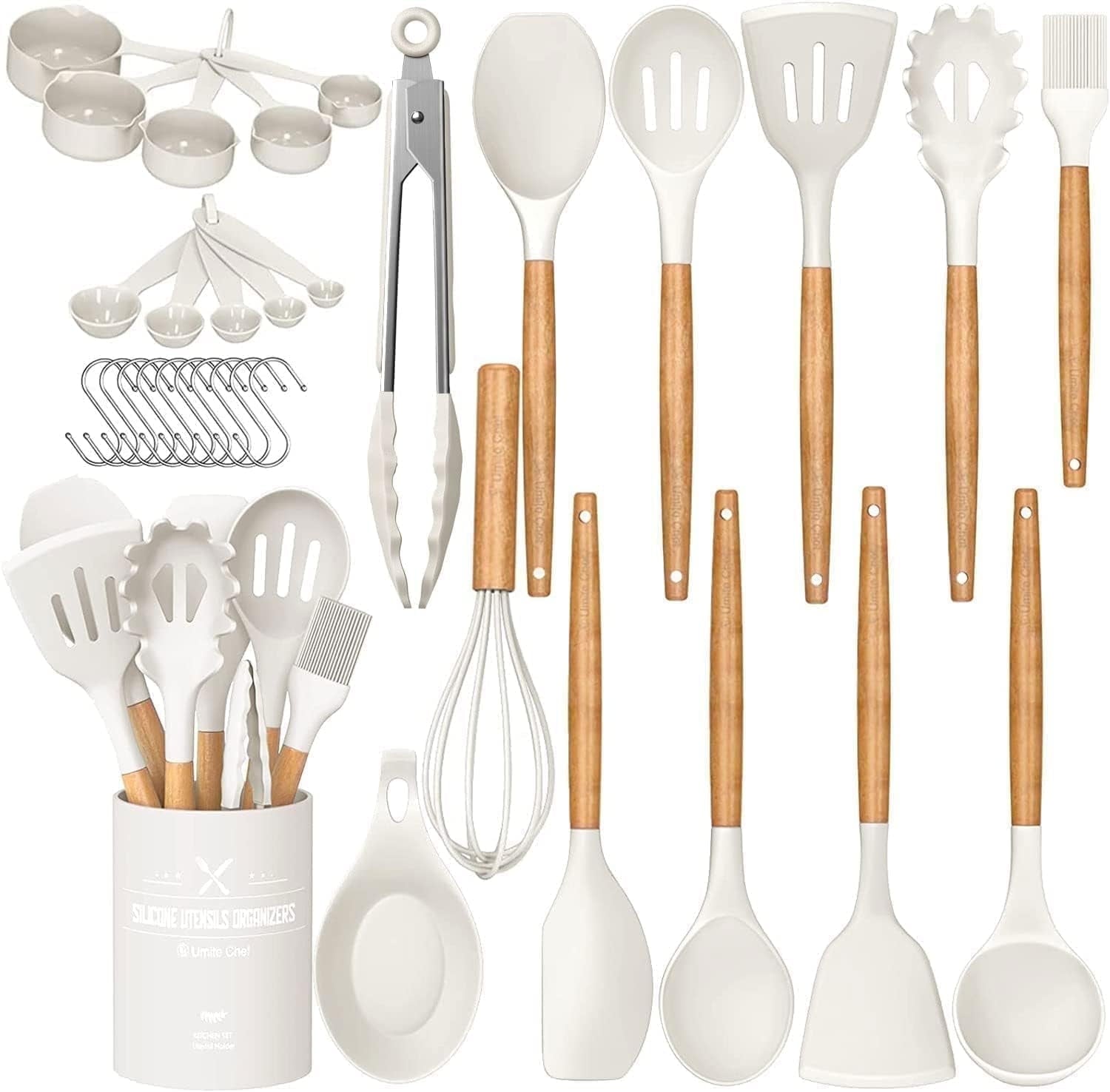 Kitchen Cooking Utensils Set, 33 pcs Non-stick Silicone Cooking Kitchen Utensils Spatula Set with Holder, Wooden Hand...