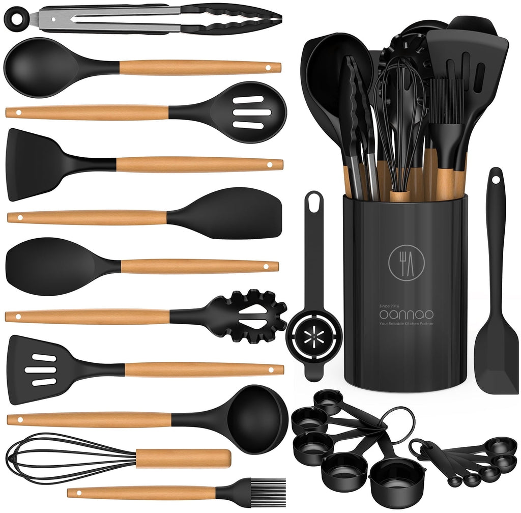 Silicone Cooking Utensils Set - Silicone Kitchen Utensils for Cooking Wooden Handles, 446°F Heat Resistant Kitchen Ut...